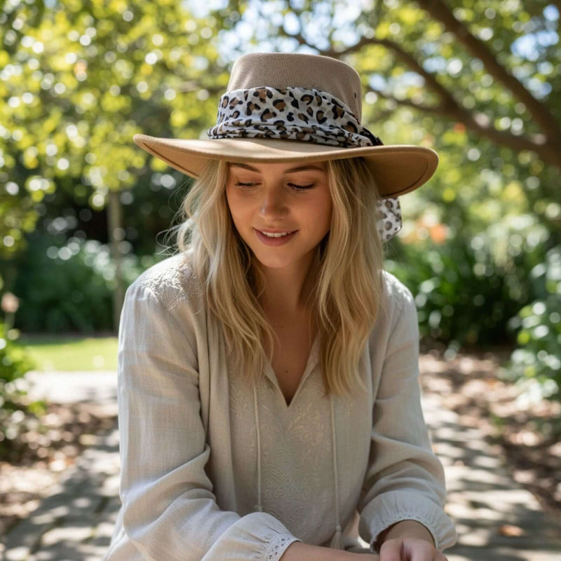 Load image into Gallery viewer, Jacaru 1022 Shady Lady Hat – Suede Breeze | Scarf | Australia