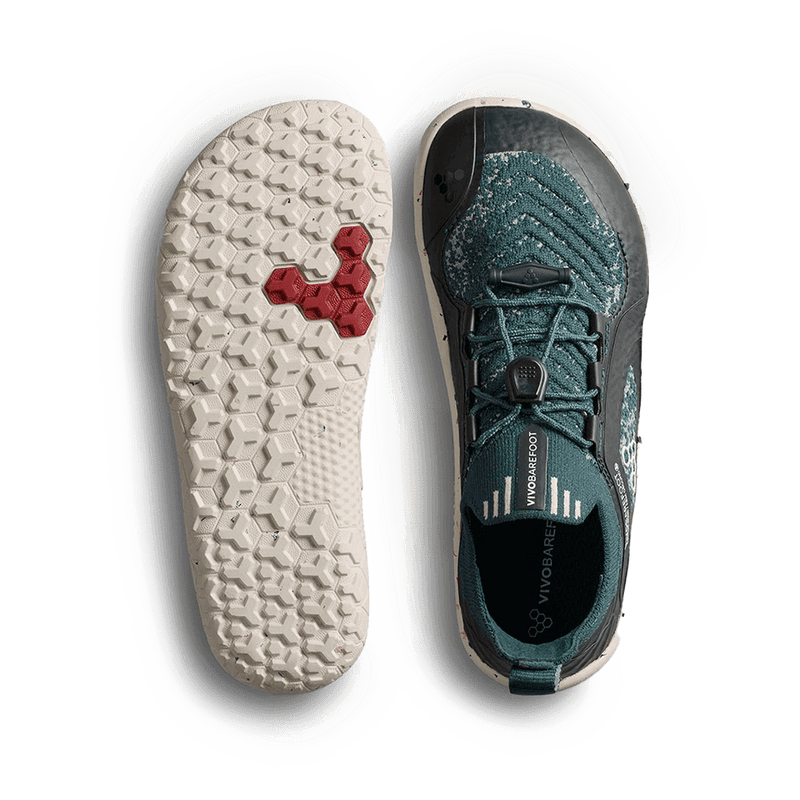 Load image into Gallery viewer, Vivobarefoot Primus Trail Knit FG Kids – Aurora shoe top view showing flexible outsole and grip design.