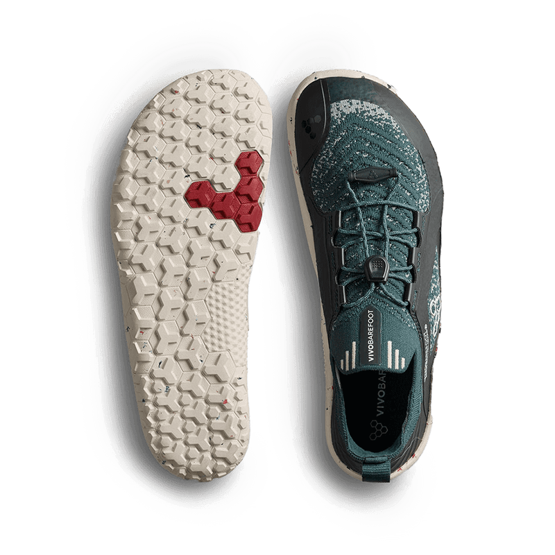 Load image into Gallery viewer, Vivobarefoot Primus Trail Knit FG Juniors – Aurora shoe top view with flexible sole and detailed knit design.