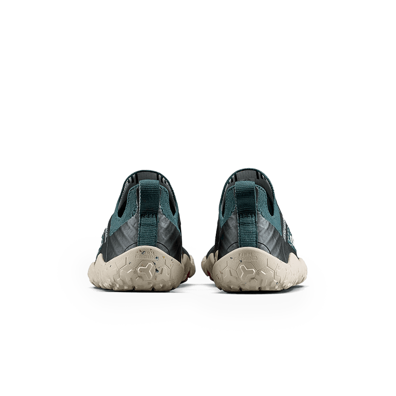 Load image into Gallery viewer, Vivobarefoot Primus Trail Knit FG Juniors – Aurora lightweight trail shoes with flexible grip sole, shown from the back.