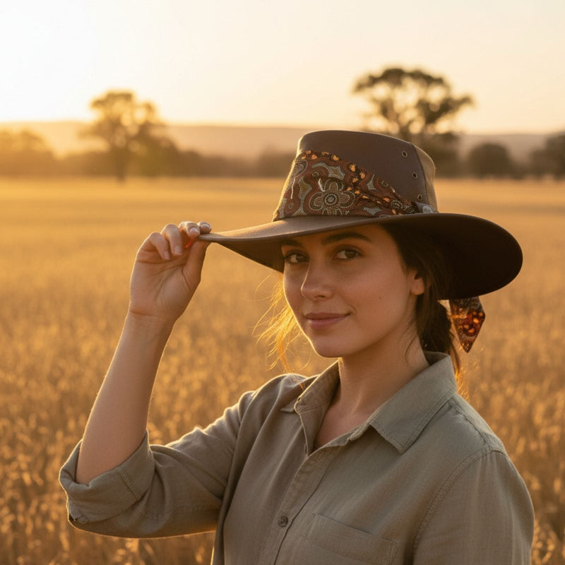 Load image into Gallery viewer, Jacaru 1152 Kangaroo Ladies Breeze Hat – Mesh Crown & Aboriginal Scarf | Made in Australia
