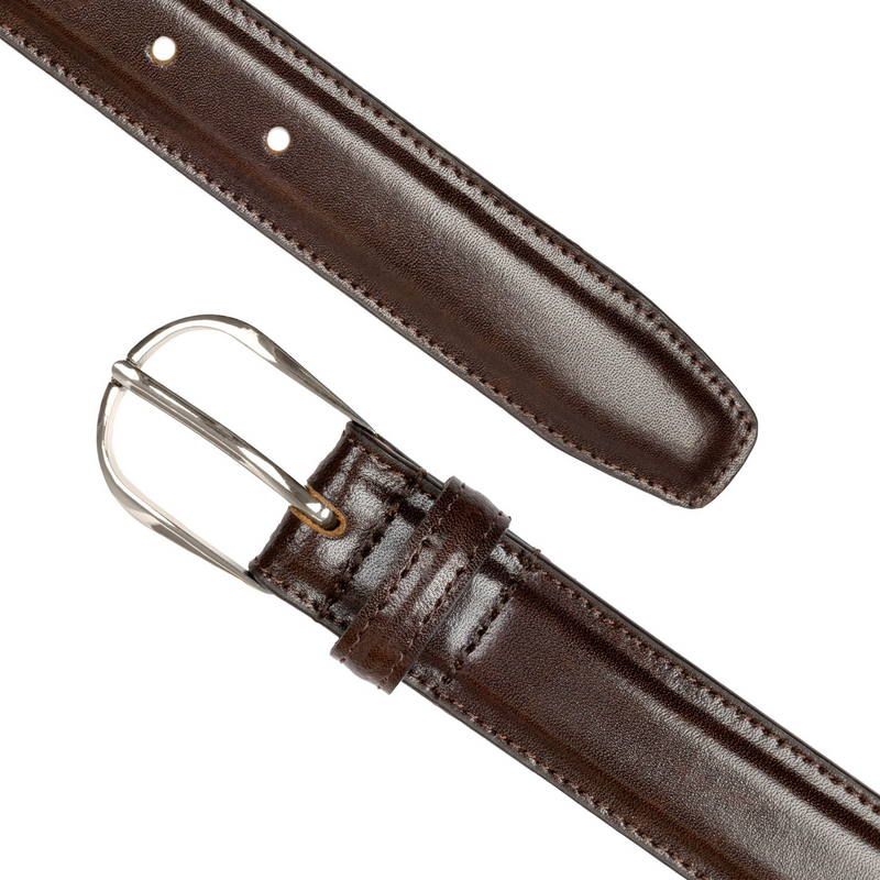 Load image into Gallery viewer, Dents Mens Heritage Lined Leather Belt with Shiny Silver Buckle and Stitched Edge in Brown-4