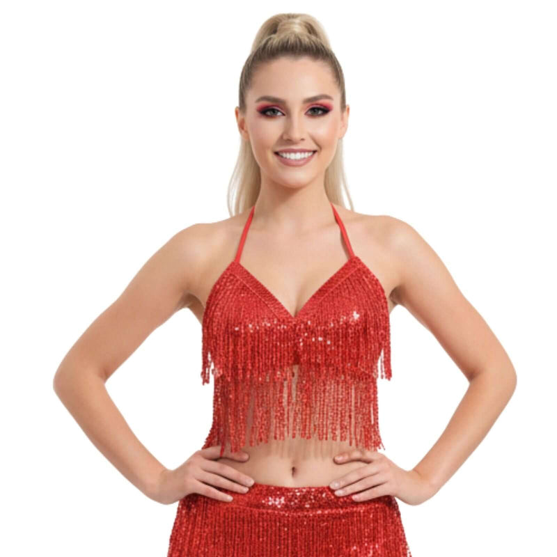 Load image into Gallery viewer, Adult Sequin Fringe Top in Red-1