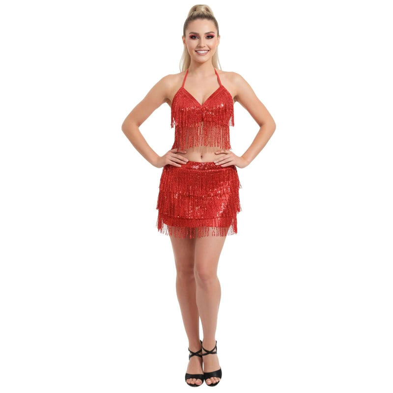 Load image into Gallery viewer, Adult Sequin Fringe Top in Red-2