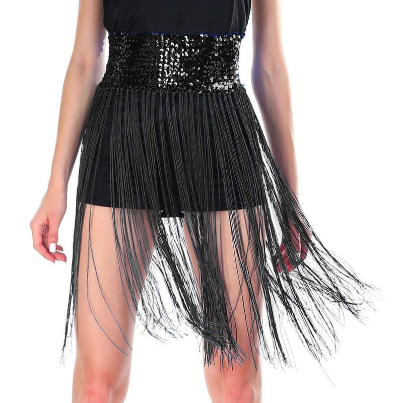 Load image into Gallery viewer, Sequin Belt w/Fringe Skirt Belly Dance Dancer Costume Party - Black-1