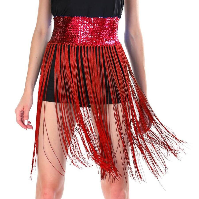 Load image into Gallery viewer, Sequin Belt w/Fringe Skirt Belly Dance Dancer Costume Party - Red-0