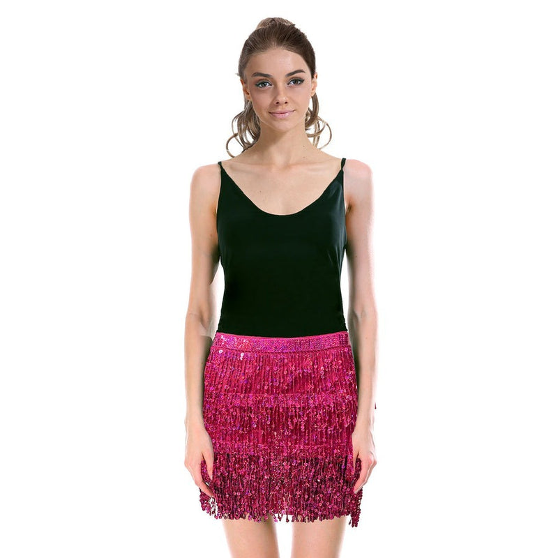 Load image into Gallery viewer, Adult Sequin Fringe Skirt w/ Adjustable Tie Womens Dance Costume in Hot Pink-0
