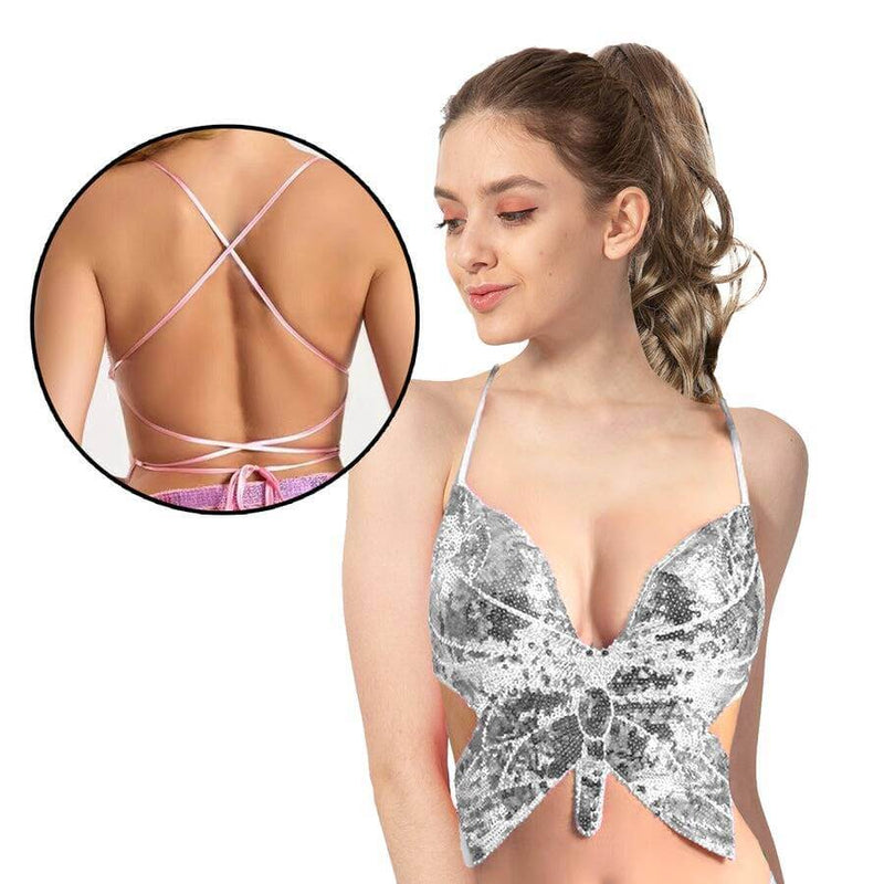 Load image into Gallery viewer, Adult Sequin Butterfly Top w Ribbon Ties Costume Party in Silver-2