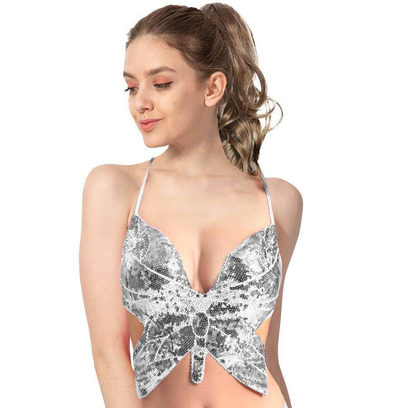 Load image into Gallery viewer, Adult Sequin Butterfly Top w Ribbon Ties Costume Party in Silver-1
