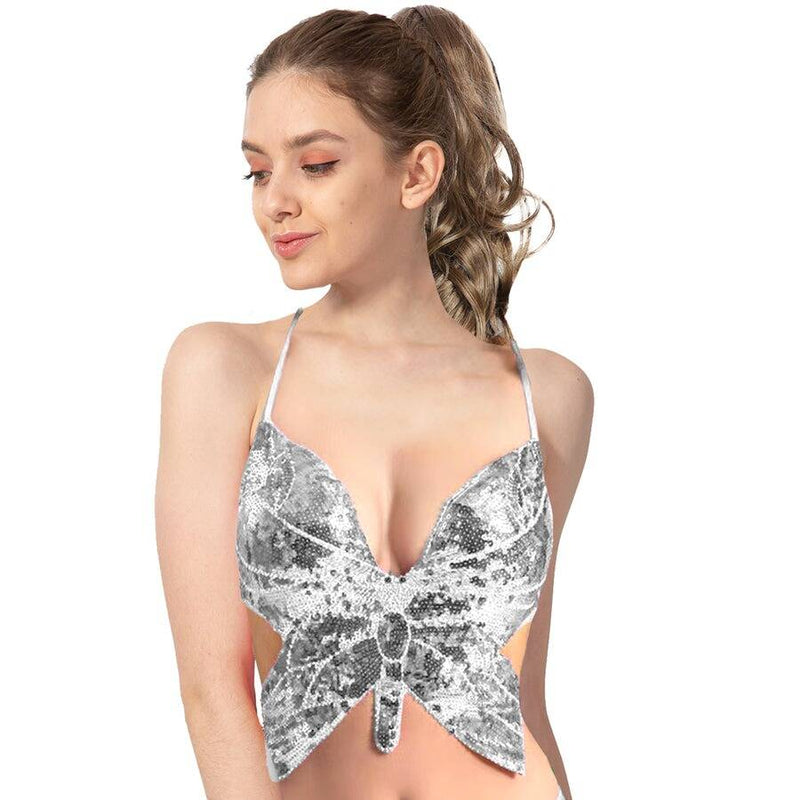 Load image into Gallery viewer, Adult Sequin Butterfly Top w Ribbon Ties Costume Party in Silver-0