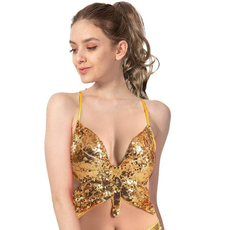 Load image into Gallery viewer, Adult Sequin Butterfly Top w Ribbon Ties Costume Party in Gold/Yellow-0