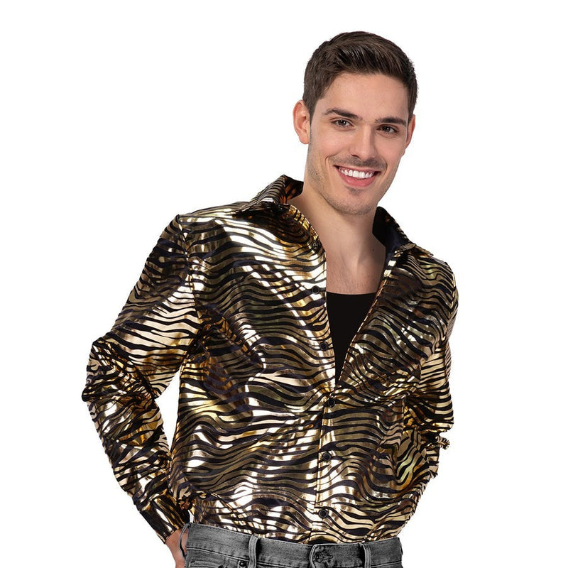 Load image into Gallery viewer, Mens Deluxe Disco Tiger Print Shirt Costume Party in Gold-1