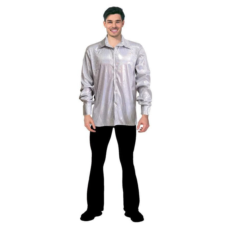 Load image into Gallery viewer, Mens 70s Disco Shirt Costume Metallic Long Sleeve Party Outfit One Size - Silver-3
