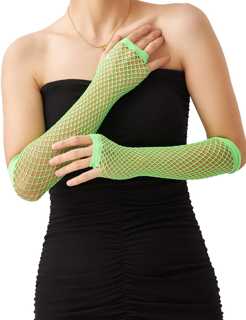 Load image into Gallery viewer, 12x Long Elbow Length Fishnet Gloves Fingerless 70s 80s Womens Costume Party Bulk in Fluro Green-3