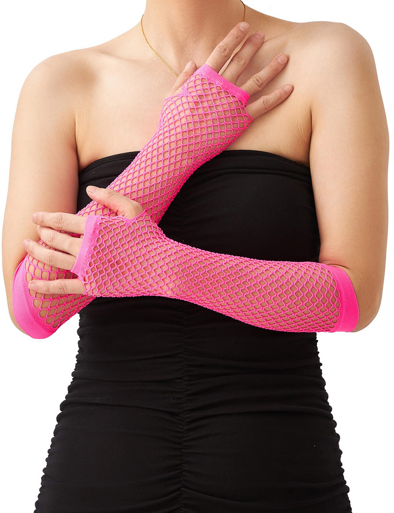Load image into Gallery viewer, 12x Long Elbow Length Fishnet Gloves Fingerless 70s 80s Womens Costume Party Bulk in Hot Pink-2