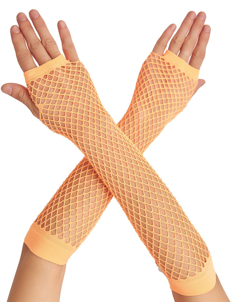 Load image into Gallery viewer, 12x Long Elbow Length Fishnet Gloves Fingerless 70s 80s Womens Costume Party Bulk in Orange-1