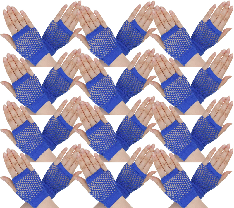 Load image into Gallery viewer, 12 Pair Fishnet Gloves Fingerless Wrist Length 70s 80s Costume Party Bulk - Blue-1