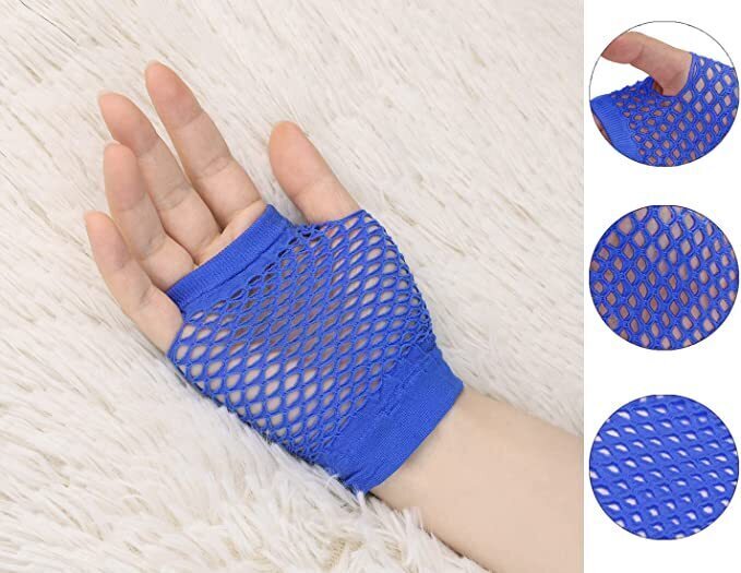 Load image into Gallery viewer, 12 Pair Fishnet Gloves Fingerless Wrist Length 70s 80s Costume Party Bulk - Blue-2