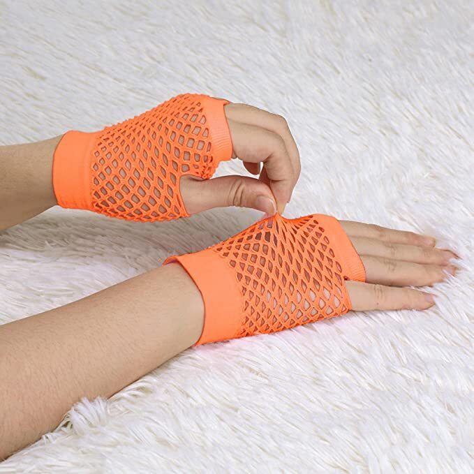 Load image into Gallery viewer, 12 Pair Fishnet Gloves Fingerless Wrist Length 70s 80s Costume Party - Orange-3