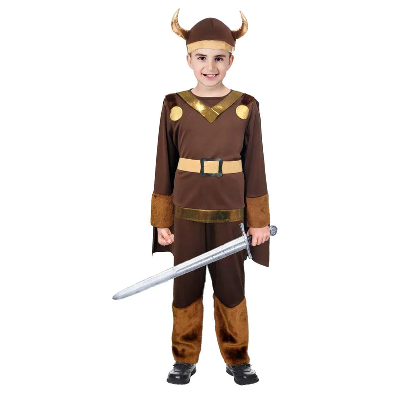 Load image into Gallery viewer, Children Viking Boy Costume Brown Warrior Cape Belt Set - 6-9 10-12 Years-1