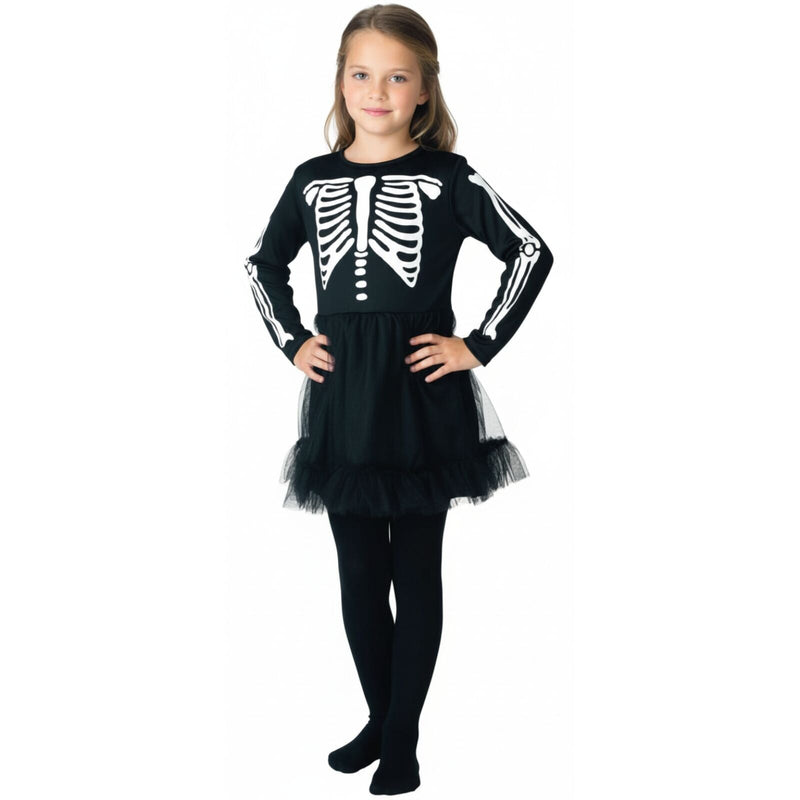 Load image into Gallery viewer, Children Skeleton Girl Costume Halloween Bones Dress - Black/White-1