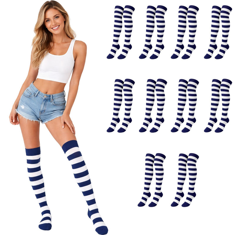 Load image into Gallery viewer, 10x Womens Over Knee Socks Striped Thigh High Long Stockings - Blue/White-0
