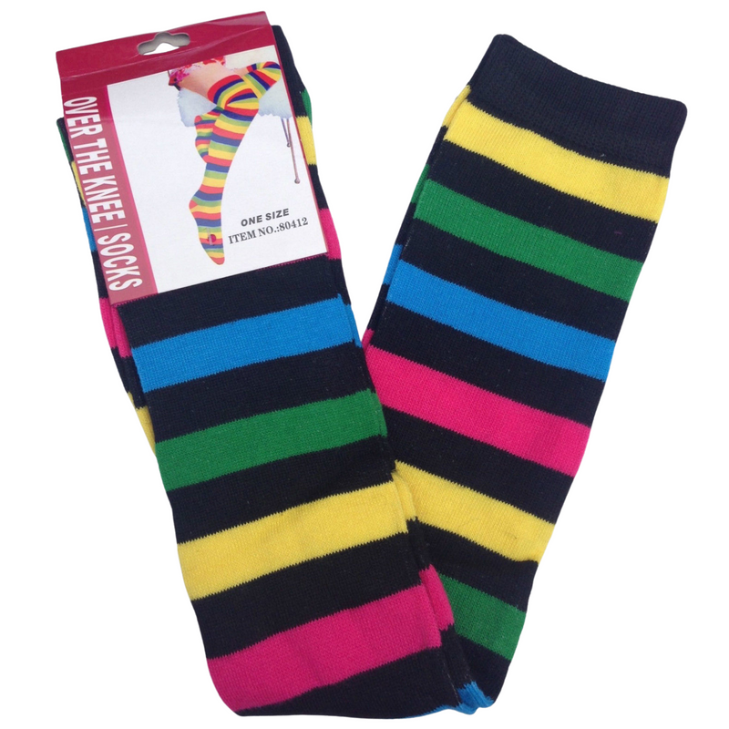Load image into Gallery viewer, 10x Womens Over Knee Socks Thigh High Long Stockings - Rainbow/Black Stripe-4
