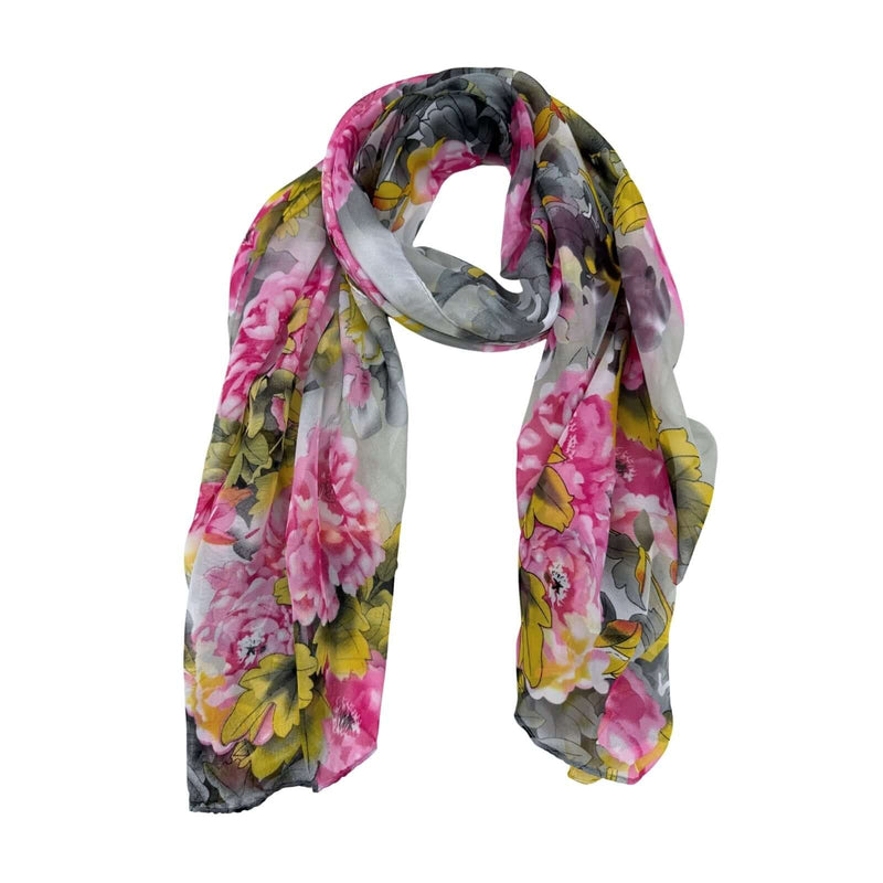 Load image into Gallery viewer, Jacaru 1695 Floral Chiffon Scarf – Yellow, Pink & Grey