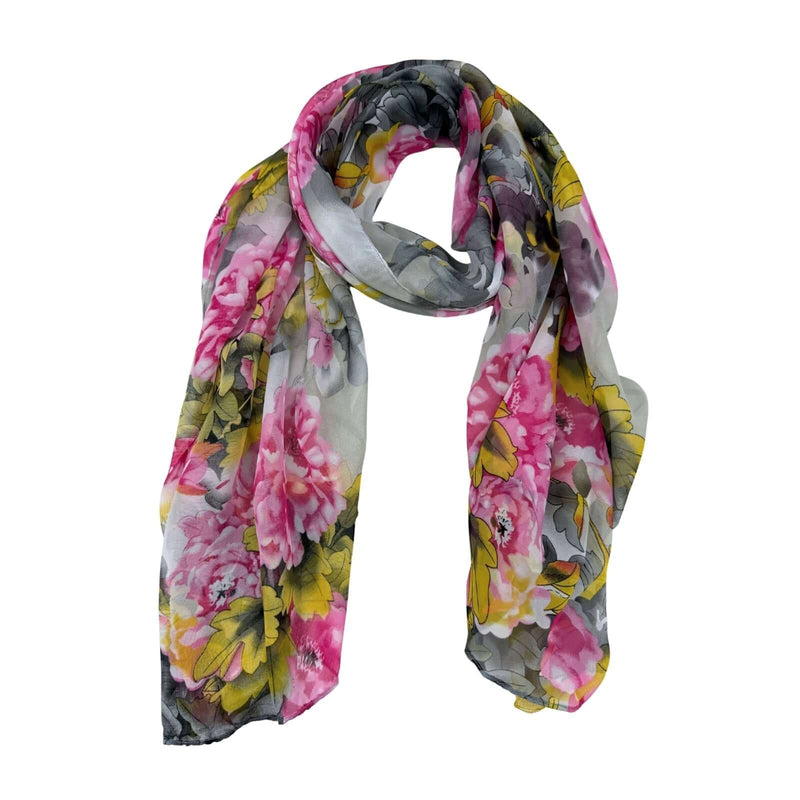 Load image into Gallery viewer, Jacaru 1695 Floral Chiffon Scarf – Yellow, Pink & Grey