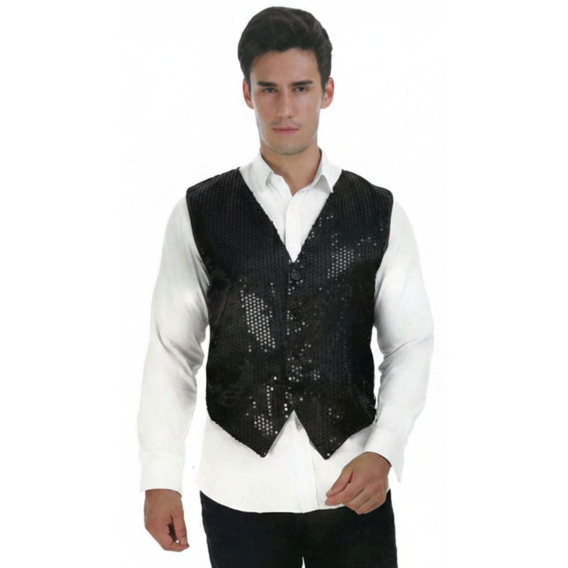 Load image into Gallery viewer, Mens Sequin Vest Waistcoat Disco Sparkle Costume Dance Party One Size - Black-3