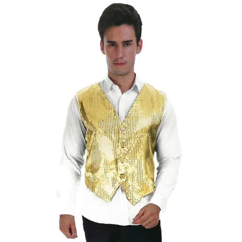 Load image into Gallery viewer, Mens Sequin Vest Waistcoat Disco Sparkle Costume Dance Party One Size - Gold-3