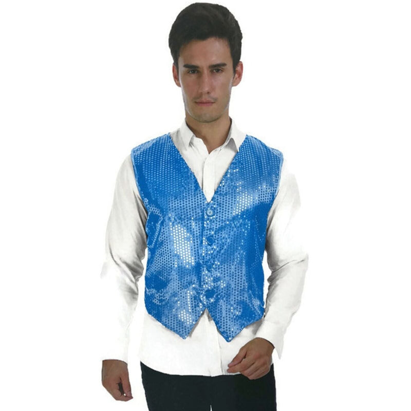 Load image into Gallery viewer, Mens Sequin Vest Waistcoat Disco Sparkle Costume Dance Party - Light Blue-3
