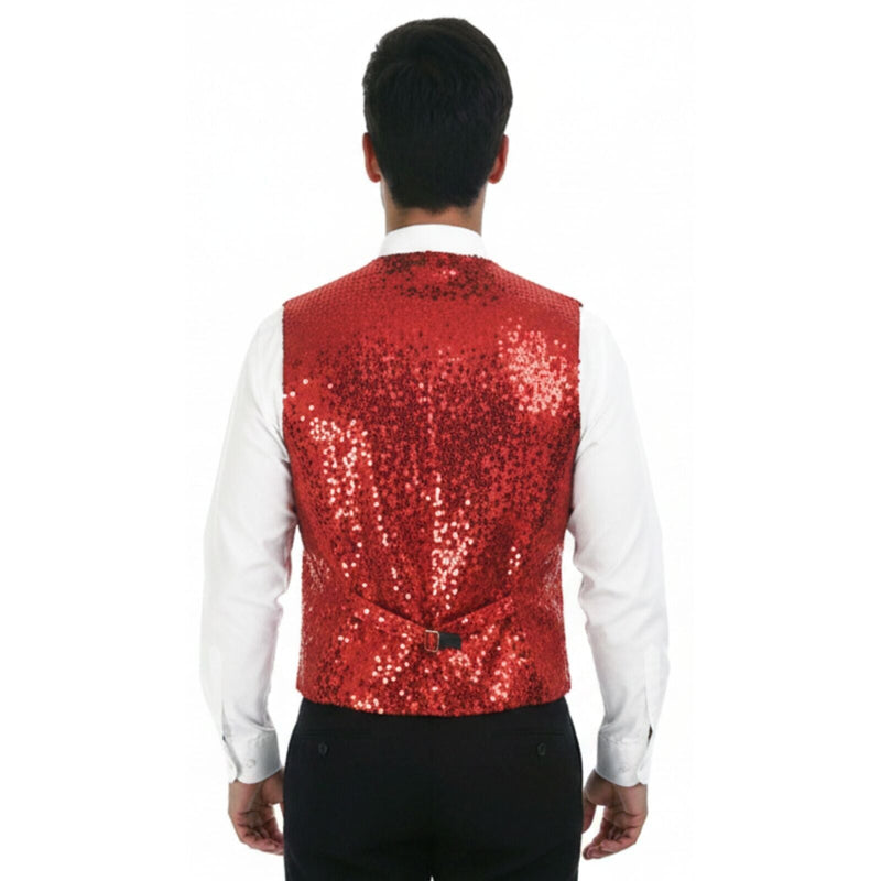 Load image into Gallery viewer, Mens Sequin Vest Waistcoat Disco Sparkle Costume Dance Party One Size - Red-4