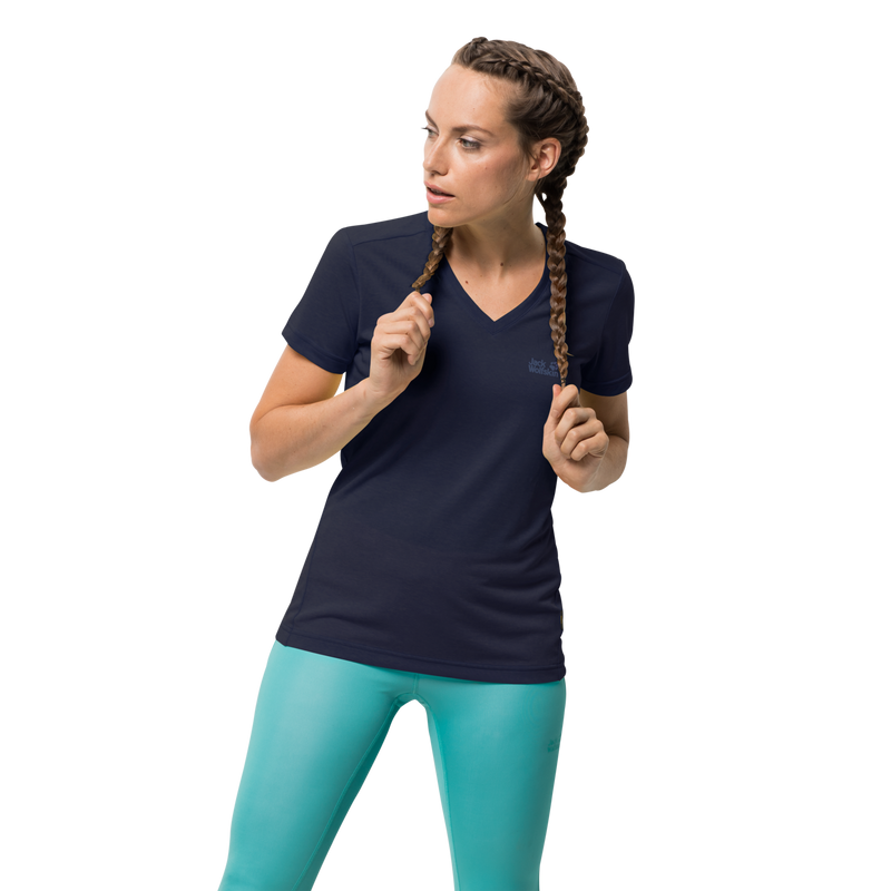 Load image into Gallery viewer, Jack Wolfskin Womens Crosstrail Short Sleeve Top T Shirt Base Layer Warm - Midnight Blue-3
