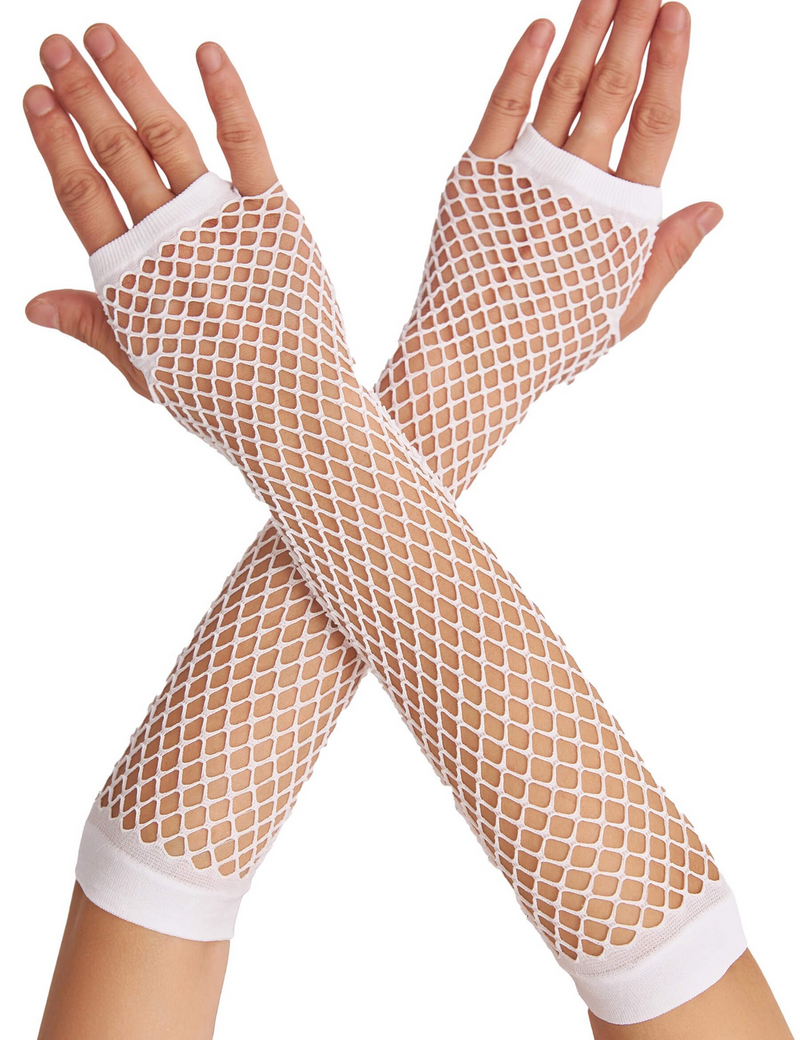 Load image into Gallery viewer, Long Elbow Length Fishnet Gloves Fingerless 70s 80s Womens Costume Party Dance in White-1