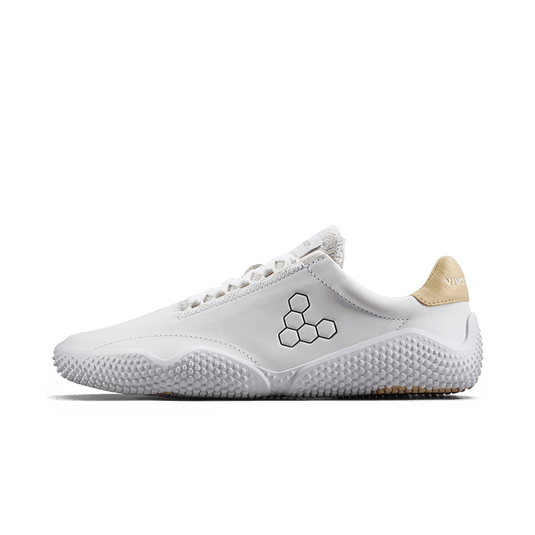 Vivobarefoot Motus Studio Leather Sneaker – Bright White side view, showcasing natural leather and flexible design.