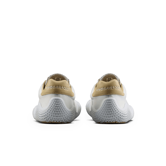 Vivobarefoot Motus Studio Leather Sneaker – Bright White rear view showcasing sleek design and comfortable fit.