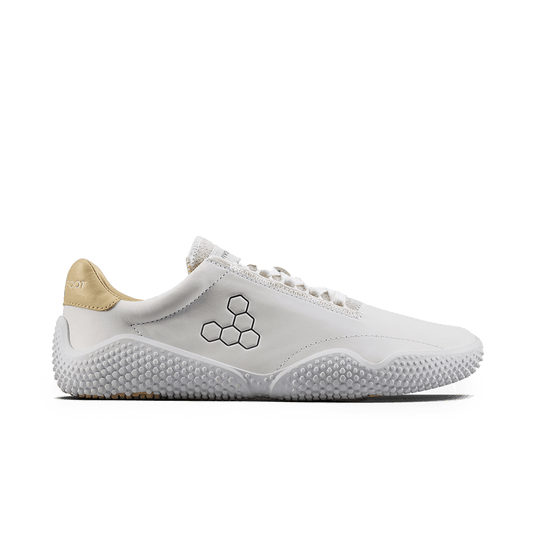 Vivobarefoot Motus Studio Leather Sneaker – Bright White side view showcasing natural leather and flexible design.