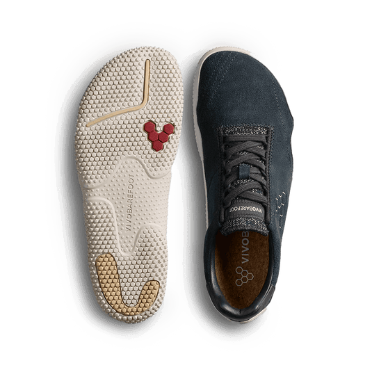Vivobarefoot Motus Studio Sneaker | Women’s Obsidian/White top and bottom view showcasing its natural feel and design.