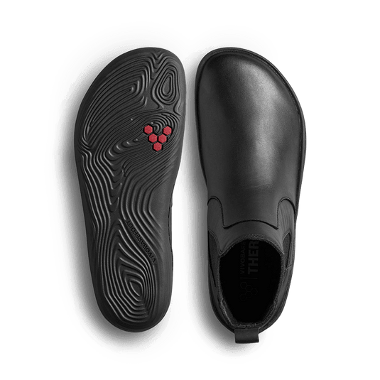 Vivobarefoot Sensus Chelsea Boot | Women’s Obsidian top and bottom view showing sleek design and flexible sole.