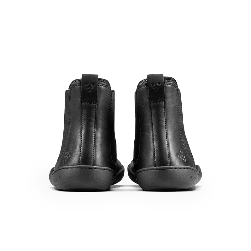 Load image into Gallery viewer, Vivobarefoot Sensus Chelsea Boot | Women’s Obsidian back view of elegant Chelsea boot in black leather.