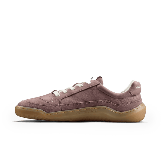 Vivobarefoot Gobi II Sneaker Premium Leather Womens Twilight Mauve side view with natural sole.