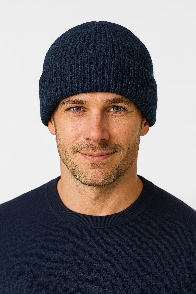 Load image into Gallery viewer, Mens Shetland Ragg Wool Beanie Hat Fishermans Rib Winter Knit Ski Pull On - Navy-0