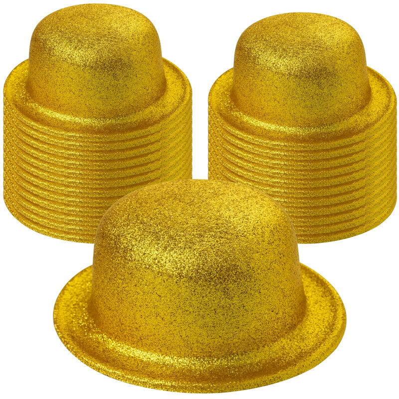 Load image into Gallery viewer, 24x GLITTER BOWLER HAT Fancy Party Plastic Costume Cap Fun Dress Up Sparkle BULK - Yellow/Gold-1