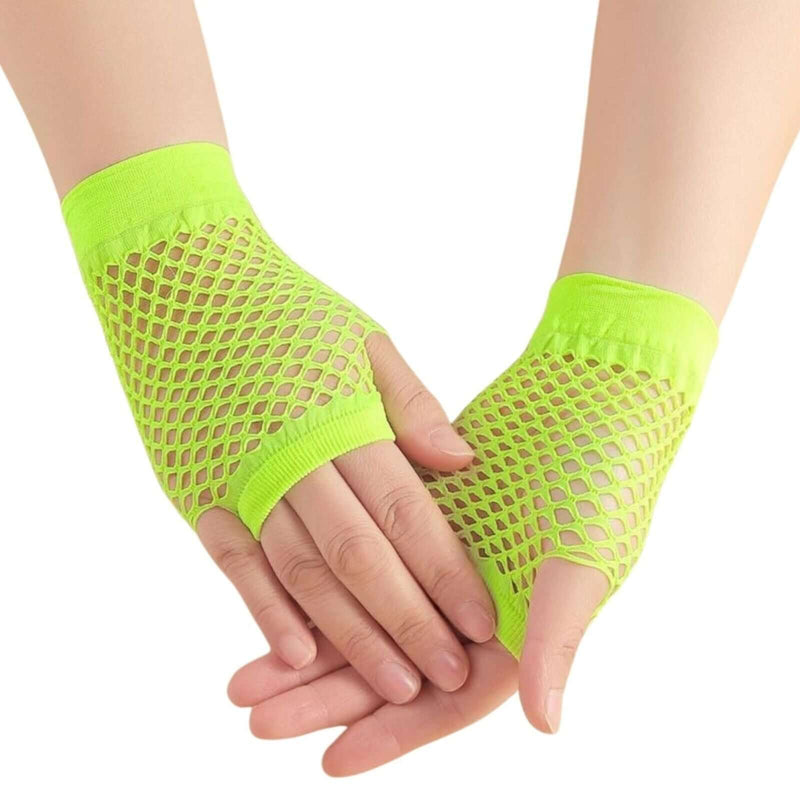 Load image into Gallery viewer, 24 Pair Fishnet Gloves Fingerless Wrist Length 70s80s Costume Party Fluro Yellow-2