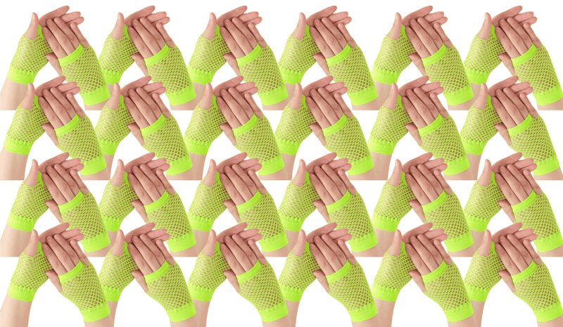 Load image into Gallery viewer, 24 Pair Fishnet Gloves Fingerless Wrist Length 70s80s Costume Party Fluro Yellow-1