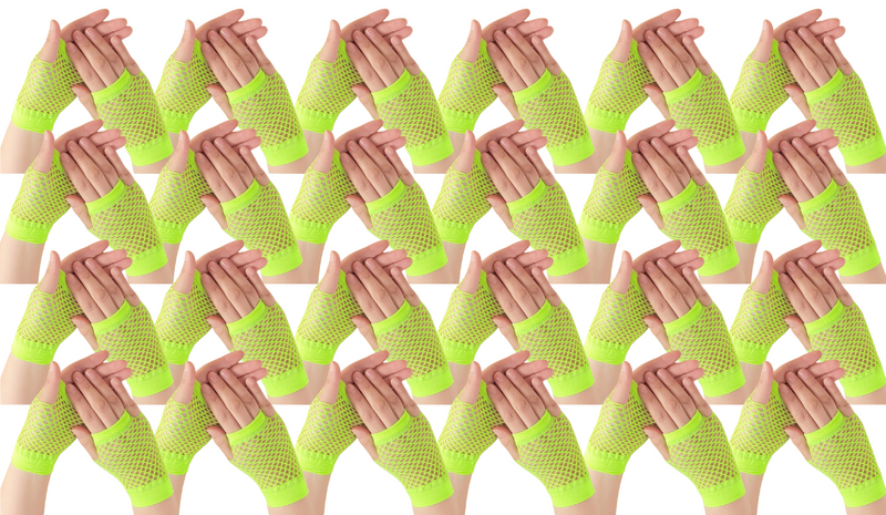 Load image into Gallery viewer, 24 Pair Fishnet Gloves Fingerless Wrist Length 70s80s Costume Party Fluro Yellow-0