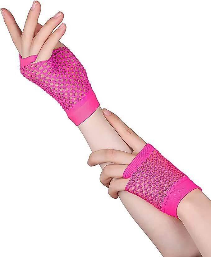 Load image into Gallery viewer, 24 Pair Fishnet Gloves Fingerless Wrist Length 70s 80s Costume Party - Hot Pink-3