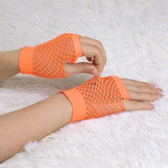 Load image into Gallery viewer, 24 Pair Fishnet Gloves Fingerless Wrist Length 70s 80s Costume Party - Orange-3