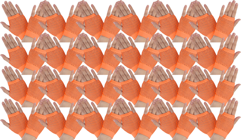 Load image into Gallery viewer, 24 Pair Fishnet Gloves Fingerless Wrist Length 70s 80s Costume Party - Orange-1